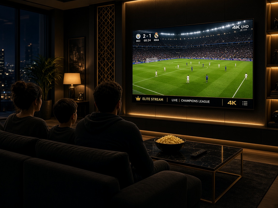 Famille regardant un match de football en 4K sur Smart TV avec PremiumOTT